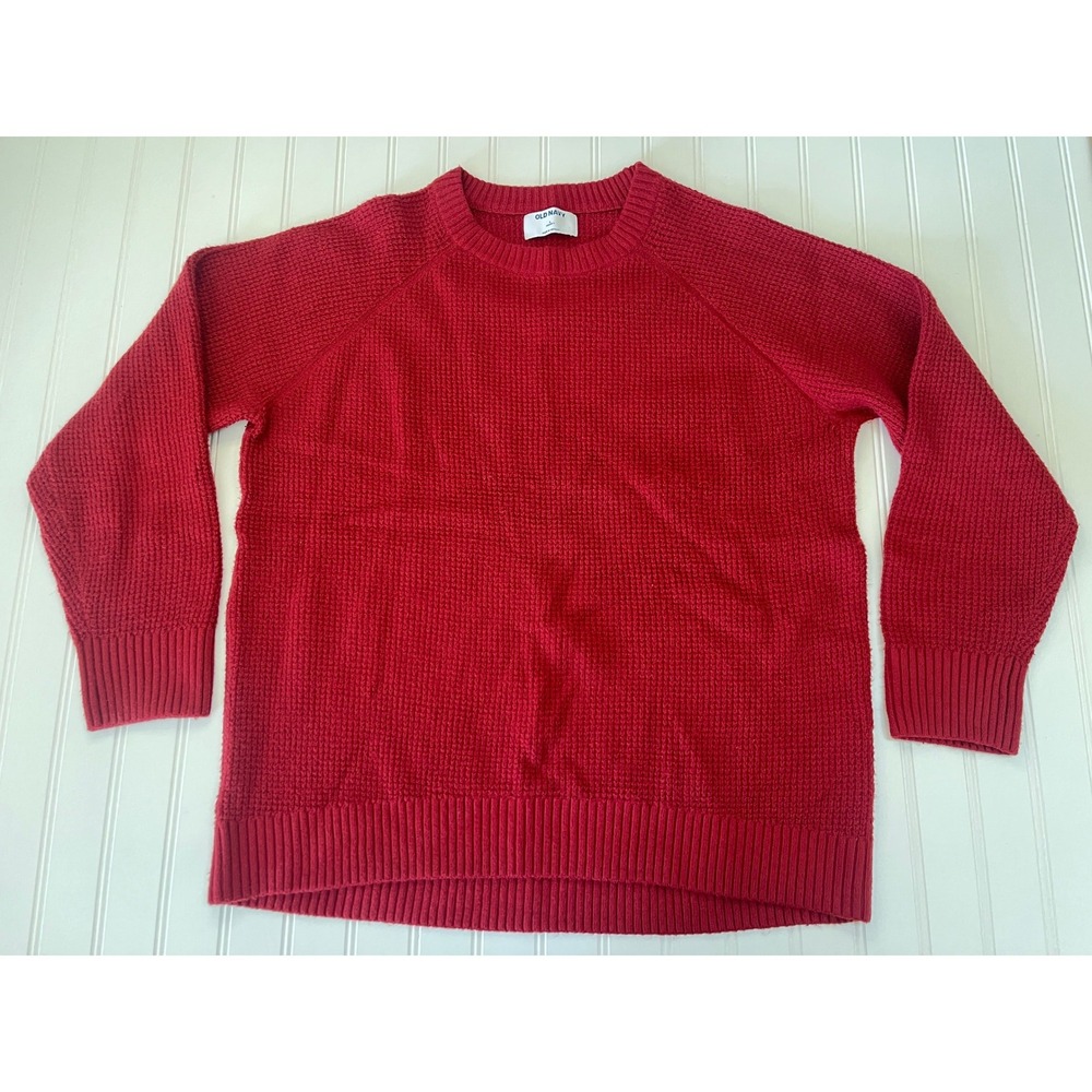 Old Navy SoSoft Red Waffle Knit Crewneck Sweater Womens Large Raglan Sleeve